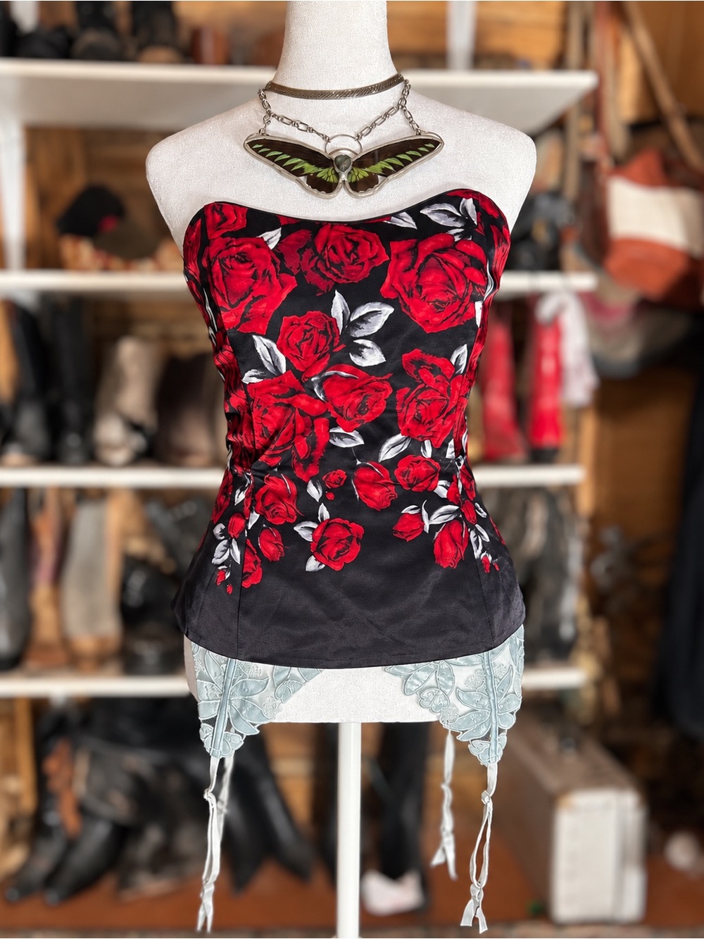 White House Black Market Red Rose Floral Strapless Bustier Top Size 4